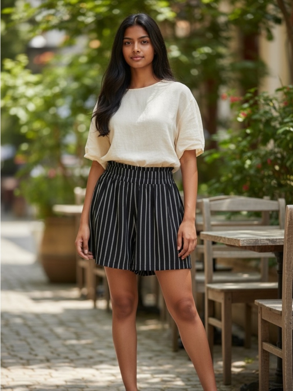 JACHS Girlfriend Black and White Vertical Stripe Pull-On Shorts
